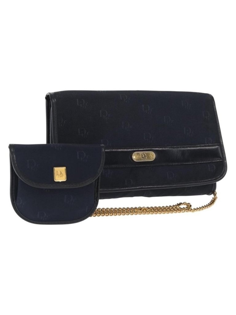 Authentic Christian Dior Chain Shoulder Bag Nylon Navy Gold
